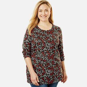 Woman Within Plus Size Perfect Printed Long-Sleeve Crewneck Tee 5X
